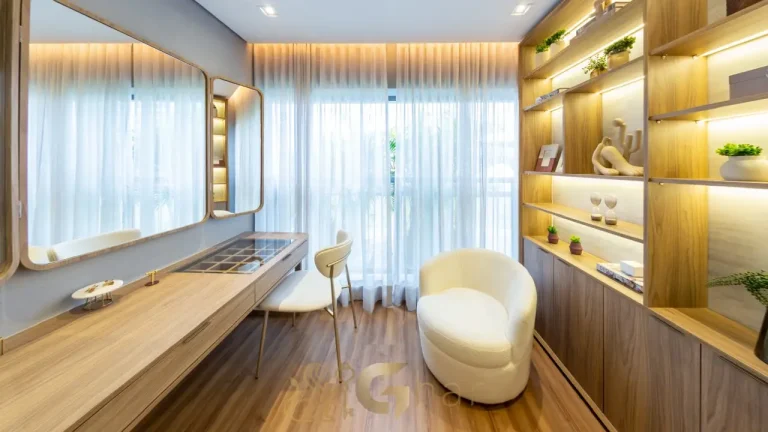 Suíte master apartamento decorado 157 m² Reserva Flamboyant Jardim das Perdizes