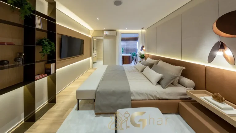 Suíte master apartamento decorado 187 m² Reserva Flamboyant Jardim das Perdizes