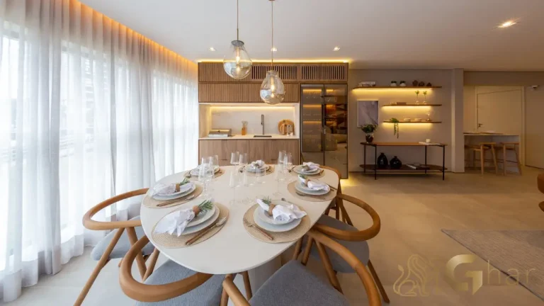 Sala integrada ao terraço no apartamento decorado Reserva Flamboyant Jardim das Perdizes