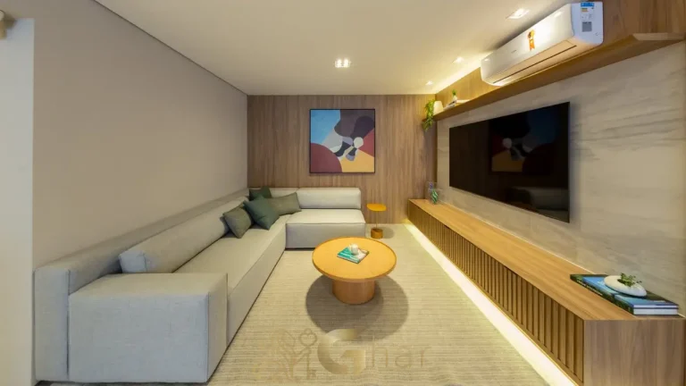 Sala de TV apartamento 157 m² decorado Reserva Flamboyant Jardim das Perdizes