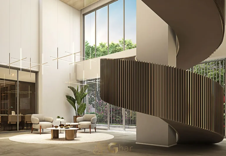 Lobby sofisticado no Reserva Flamboyant Jardim das Perdizes