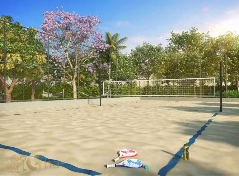 Quadra de beach tennis no Reserva Flamboyant Jardim das Perdizes