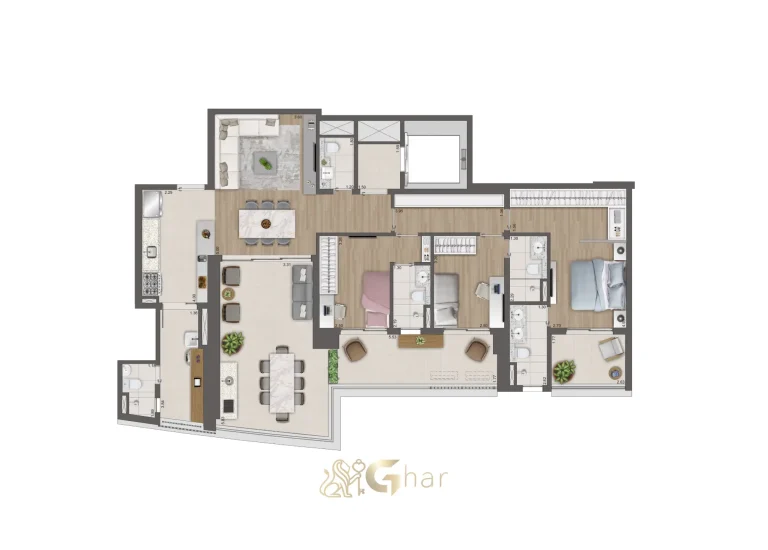 Planta apartamento 157 m² 3 suítes Reserva Flamboyant Jardim das Perdizes