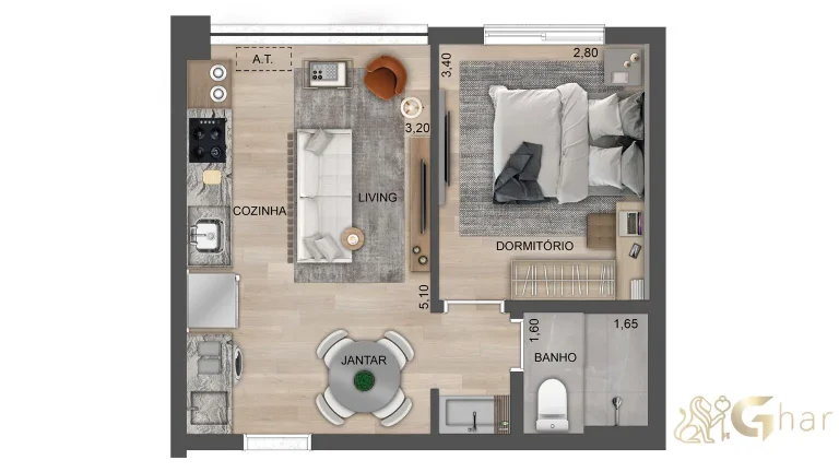Planta apartamento 35m² 1 dormitório living ampliado Soul of Madalena