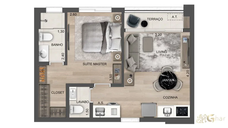 Planta apartamento 42m² suíte master Soul of Madalena Vila Madalena