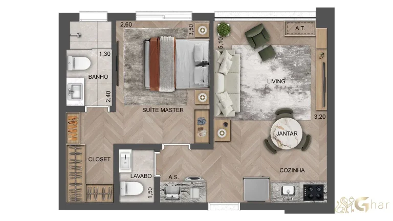 Planta apartamento 42m² suíte master living ampliado Soul of Madalena