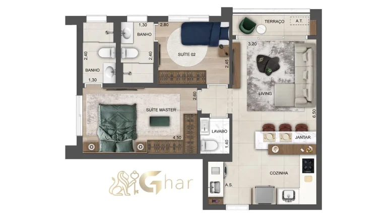 Planta apartamento 62m² 2 suítes Soul of Madalena Vila Madalena