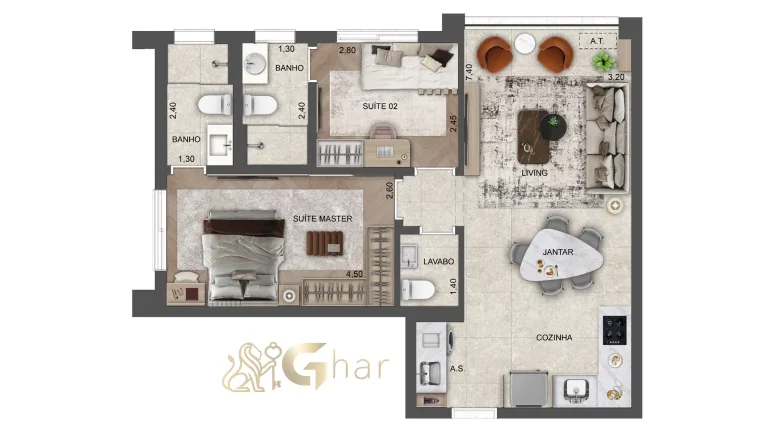 Planta apartamento 62m² 2 suítes living ampliado Soul of Madalena Vila Madalena