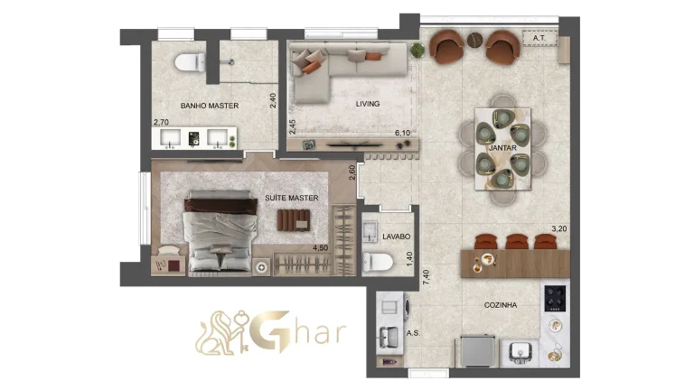 Planta apartamento 62m² suíte master living ampliado Soul of Madalena Vila Madalena