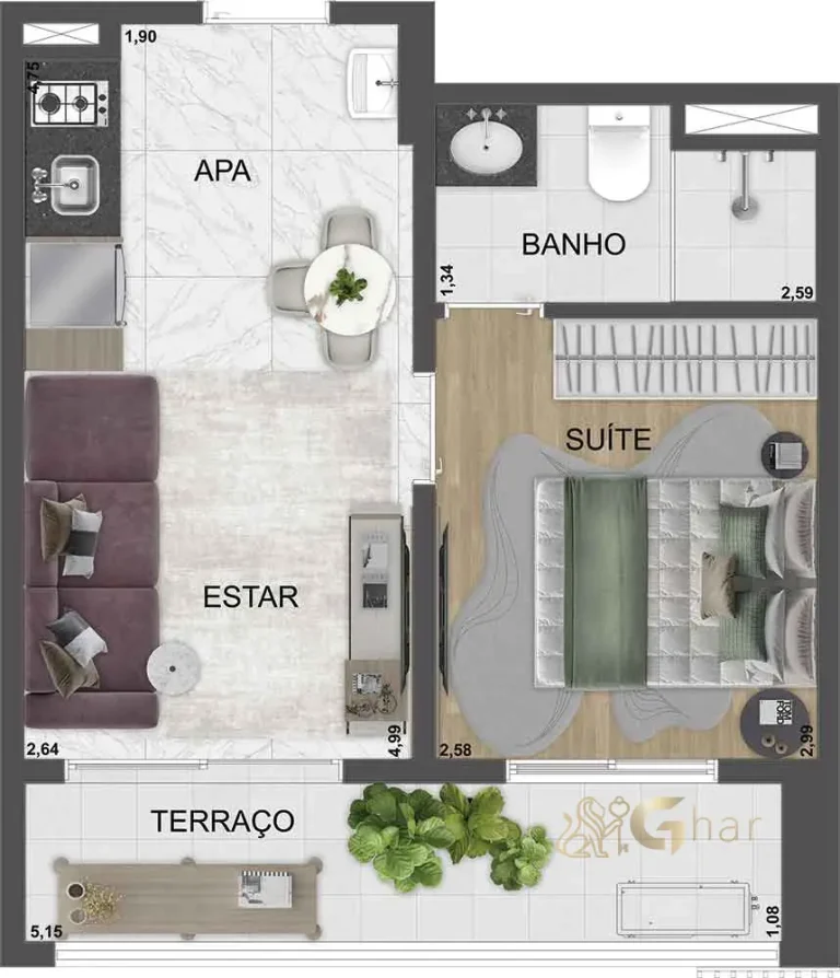 Planta apartamento 1 dormitório 34 m² final 20 no SP_360° Smart Living by Eztec Moema