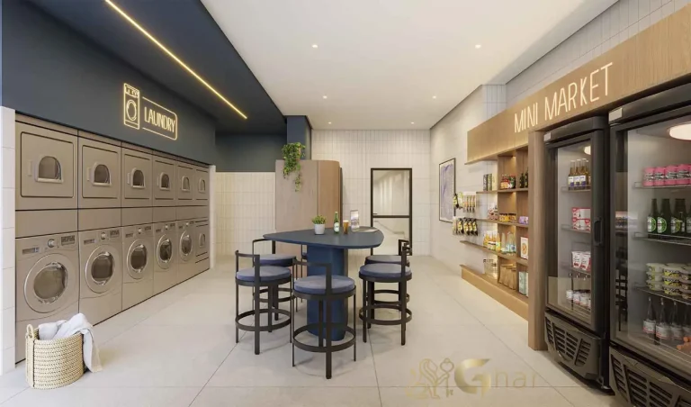Lavanderia e minimarket do SP_360° Smart Living by Eztec Moema em São Paulo