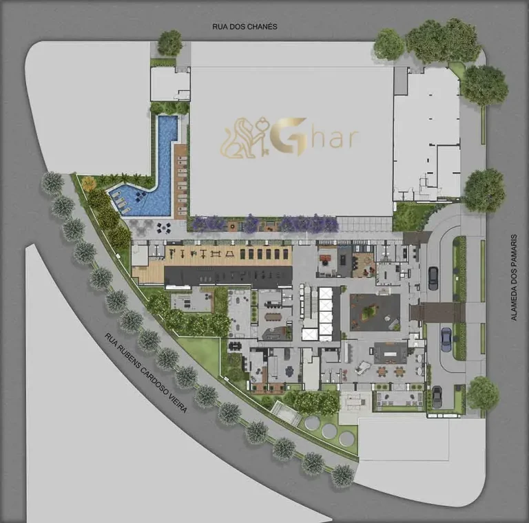 Planta das áreas de lazer no térreo do SP_360° Smart Living by Eztec Moema