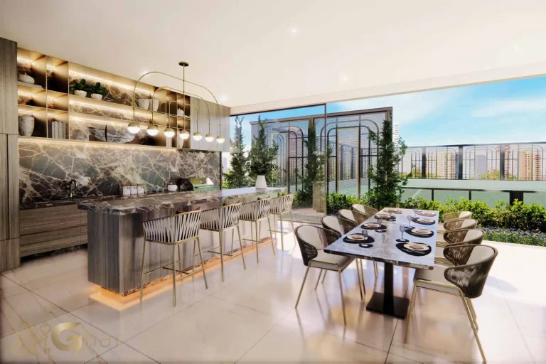 Espaço gourmet com vista para a quadra de tênis no Splend Moema