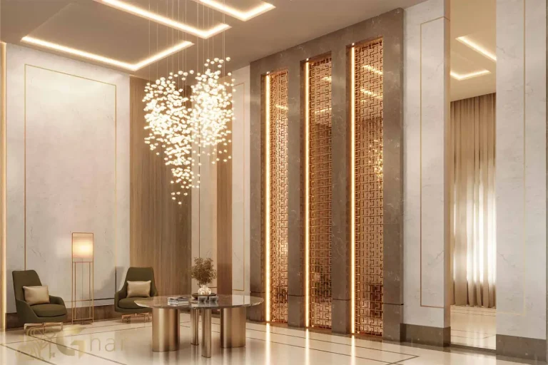 Lobby imponente com pé-direito duplo no Splend Moema