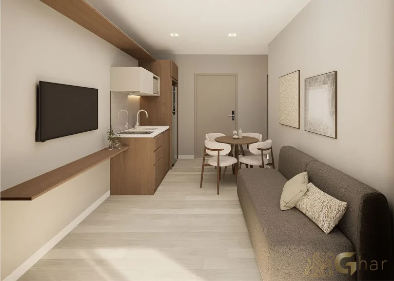 Interior do apartamento decorado de 1 dormitório no Stay Moema