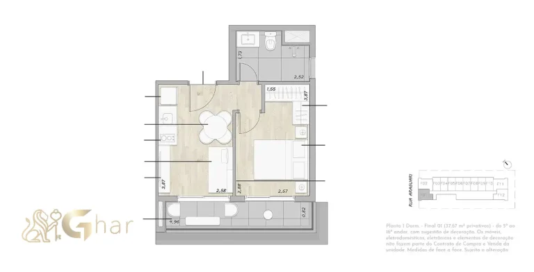 Planta do apartamento de 1 dormitório de 34 a 41 m² privativos