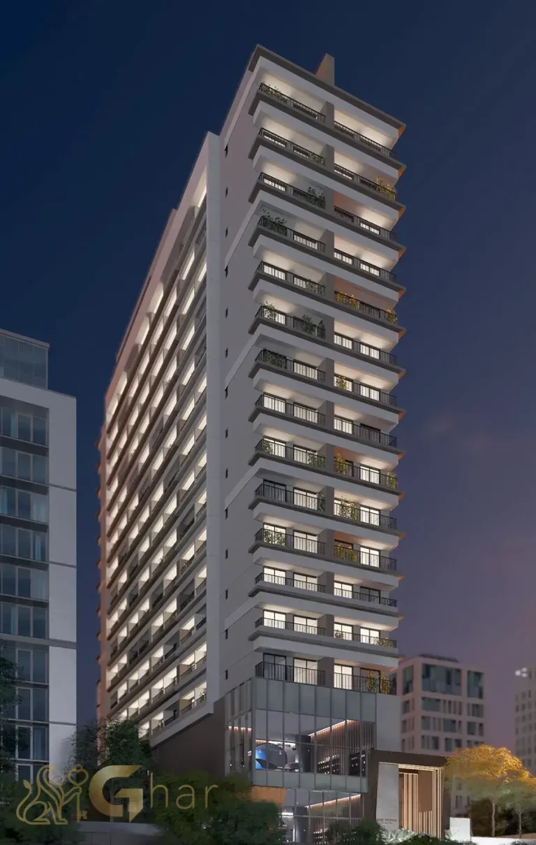 Fachada noturna iluminada do Stay Moema by Helbor