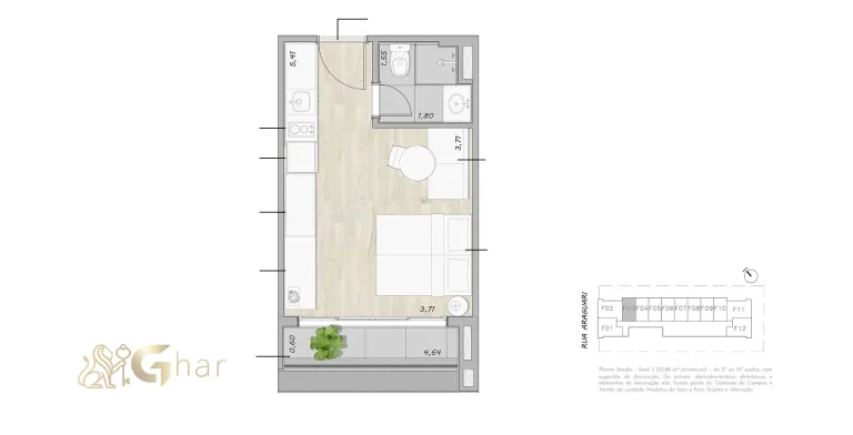 Planta do studio de 25 a 27 m² no Stay Moema by Helbor