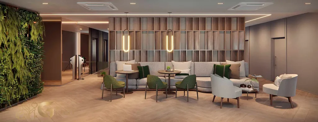 Lobby moderno do condomínio Studios Berrini Brooklin São Paulo