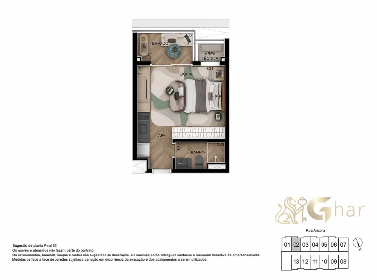 Planta Luxury Studio 30m² decorado caixilho no Studios Berrini Brooklin São Paulo