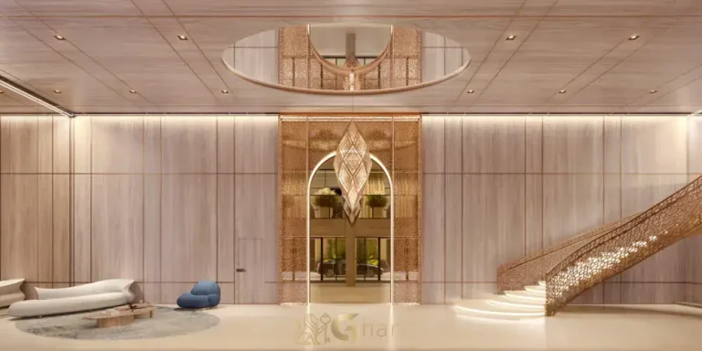 Lobby social pé-direito duplo Taj Residences Ibirapuera São Paulo