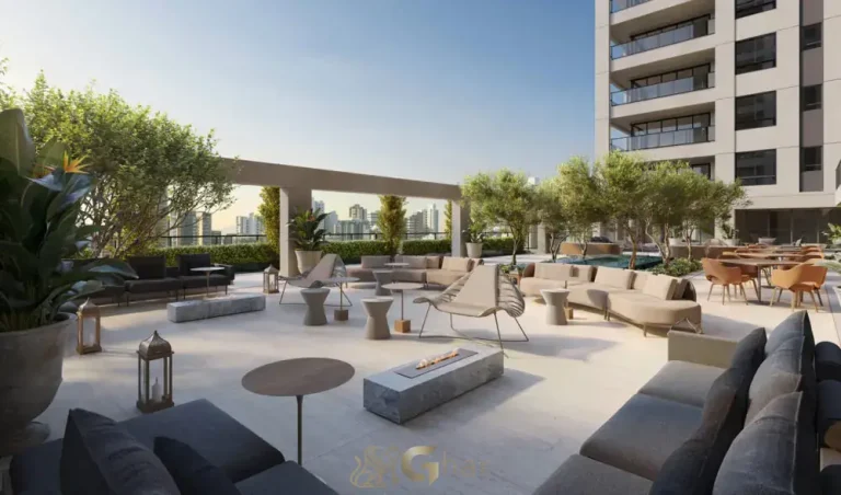 Pátio espelho d’água lareira Taj Residences Ibirapuera São Paulo