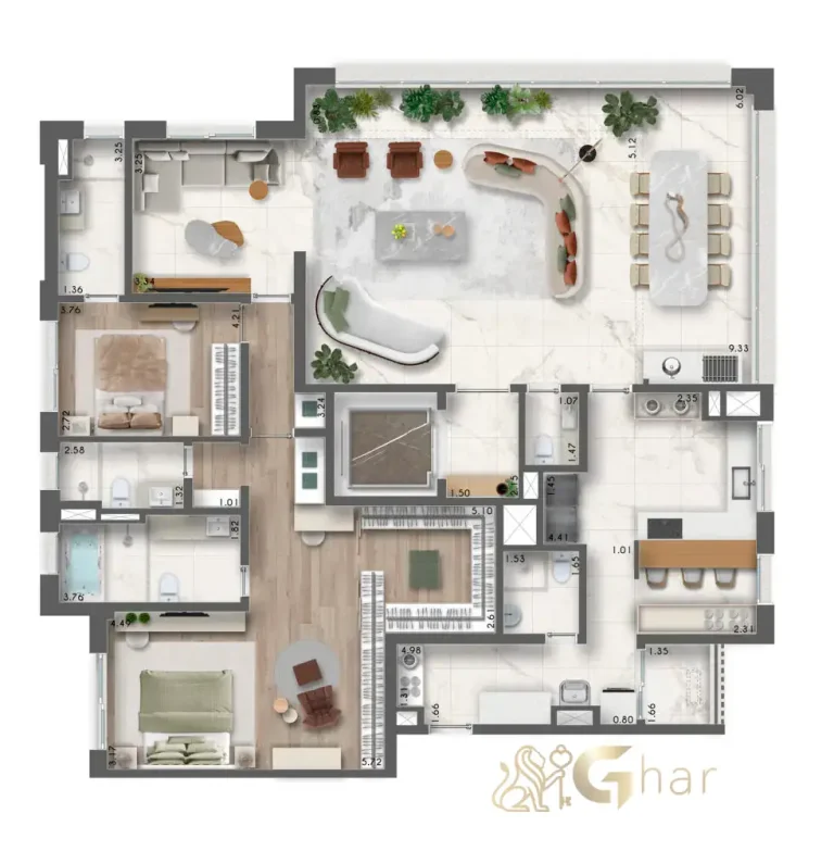 Planta apartamento 191m² 2 suítes Taj Residences Ibirapuera São Paulo