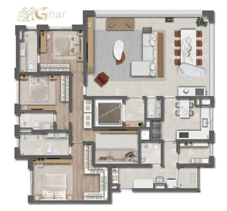 Planta apartamento 191m² 3 suítes Taj Residences Ibirapuera São Paulo