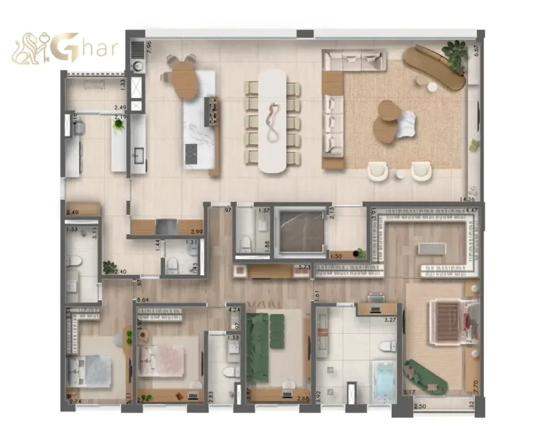 Planta apartamento 253m² 3 suítes Taj Residences Ibirapuera São Paulo