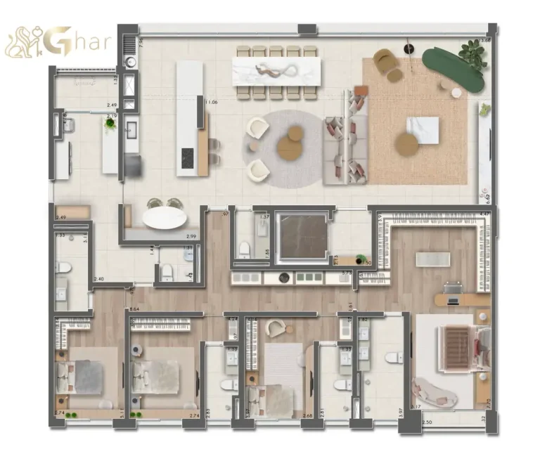 A planta de 253m² com 3 suítes do Taj Residences Ibirapuera garante amplitude, integração de ambientes e design sofisticado.