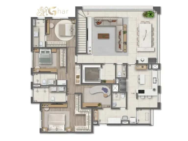 Planta duplex 374m² inferior 3 suítes Taj Residences Ibirapuera São Paulo