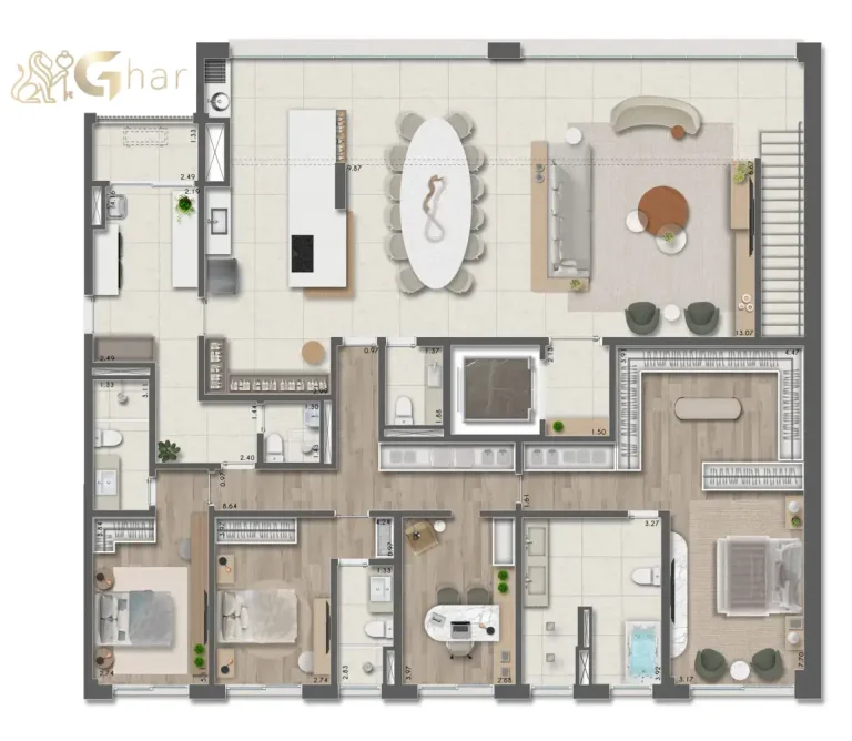 O duplex superior de 374m² com 3 suítes do Taj Residences Ibirapuera oferece design moderno, sofisticação e integração total.