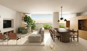 Living decorado de 130 m² por Cyro Arquitetura no Tess Brooklin em São Paulo