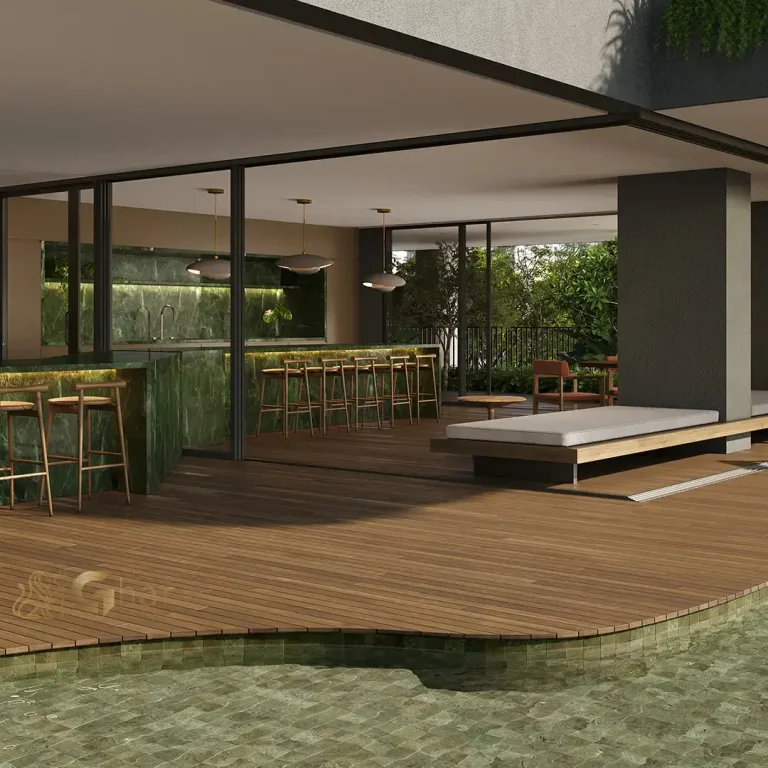 Espaço gourmet integrado à piscina no Tess Brooklin em São Paulo