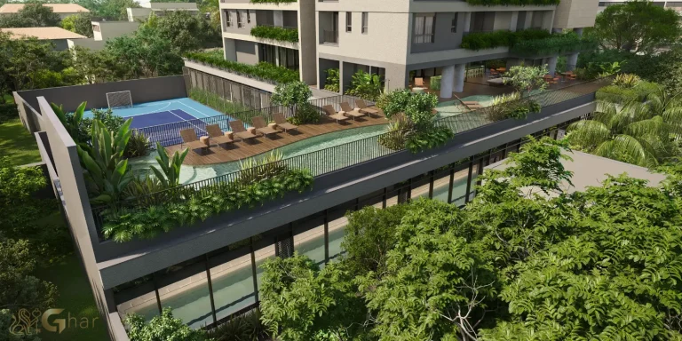 Vista aérea por drone da piscina e lazer no condomínio Tess Brooklin em São Paulo