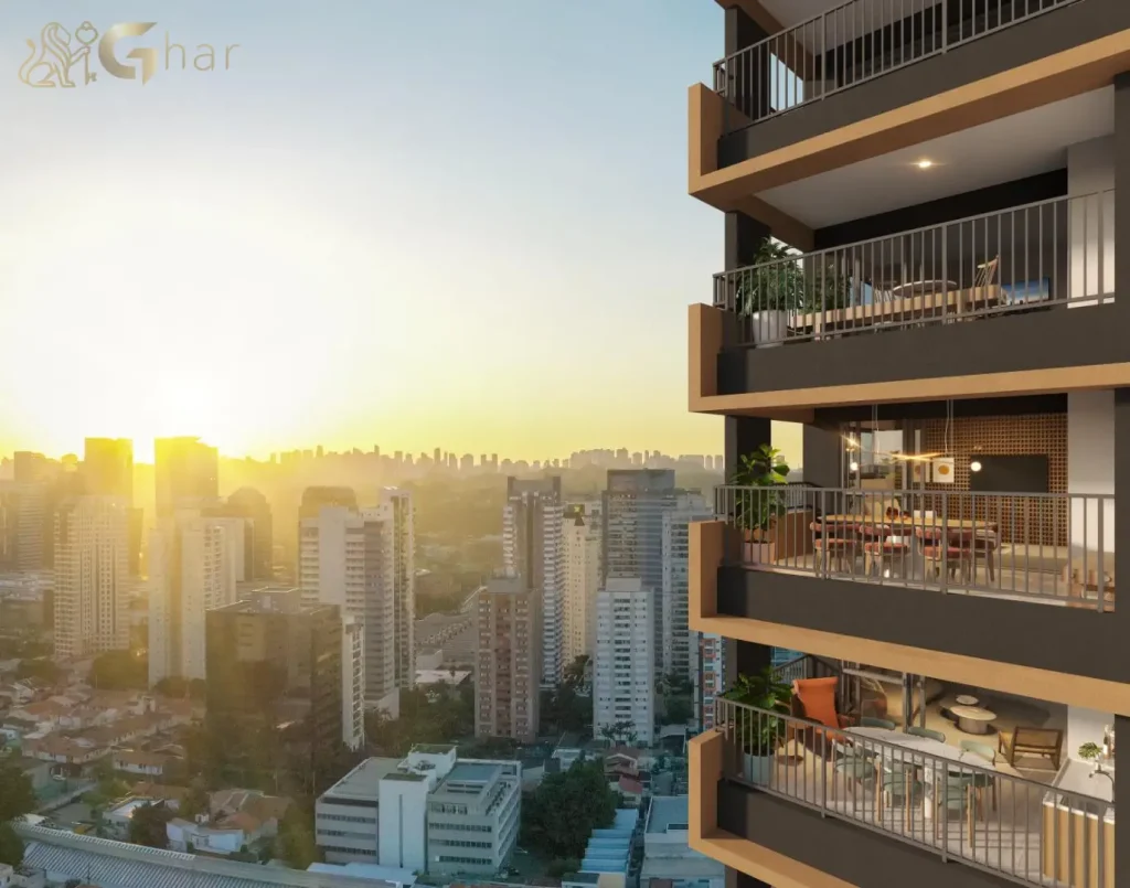 Fachada com varandas no The Gardens Eleya Tatuapé São Paulo