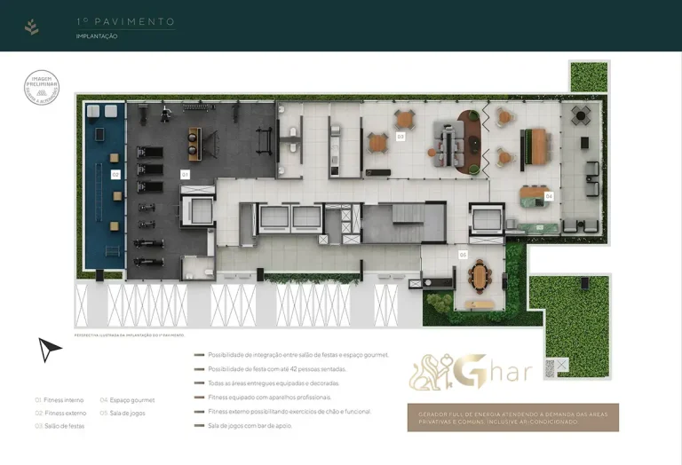 Planta do 1º pavimento com lazer e áreas comuns – The Only Moema