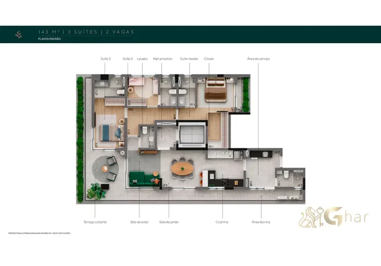 Planta de 143m² com 3 suítes no The Only Moema