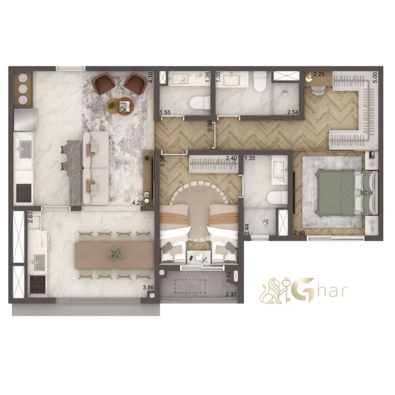 Planta apartamento 71 m² com 2 suítes no The Residence Brooklin by Living