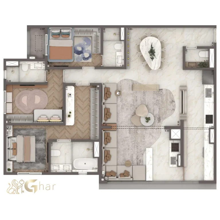 Planta apartamento 111 m² com 3 suítes no The Residence Brooklin by Living