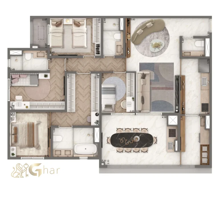 Planta apartamento 127 m² com 3 suítes no The Residence Brooklin by Living