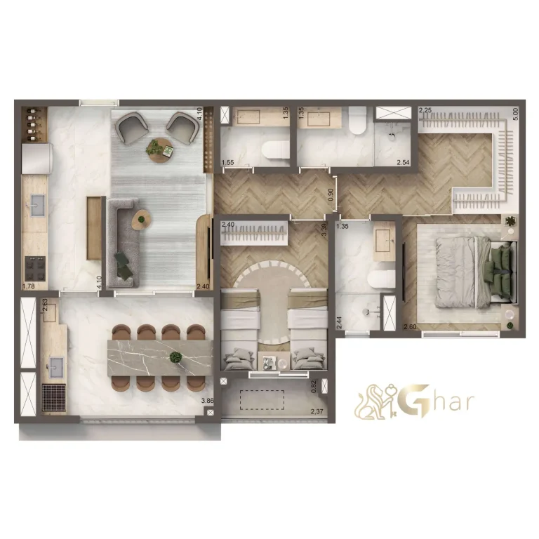 Planta apartamento 71 m² com 2 dormitórios e 1 suíte no The Residence Brooklin by Living