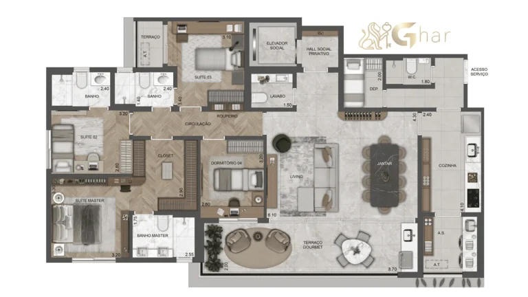 Planta apartamento 170m² The Selection Moema 3 suítes 4 dormitórios
