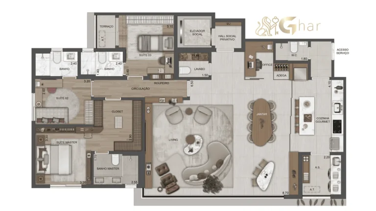 Planta apartamento ampliado 170m² The Selection Moema 3 suítes