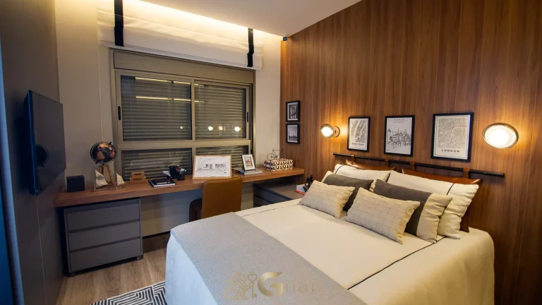 Quarto da terceira suíte decorada no The View Ibirapuera em São Paulo