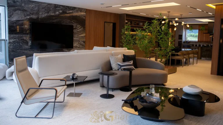 Sala aberta decorada no The View Ibirapuera