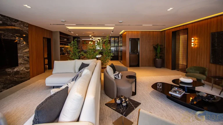 Sala de estar living decorada no The View Ibirapuera