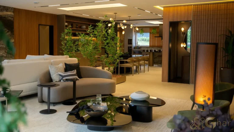 Sala living ampla decorada no The View Ibirapuera