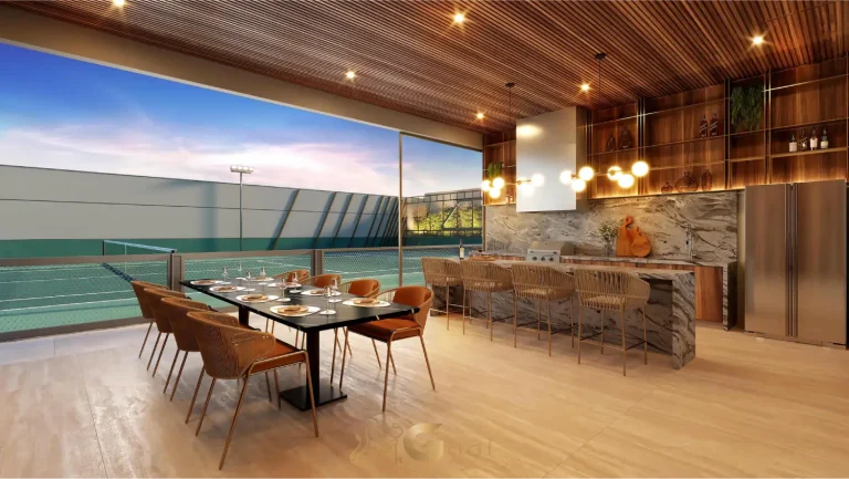 Espaço gourmet com vista para quadra de tênis no The View Ibirapuera