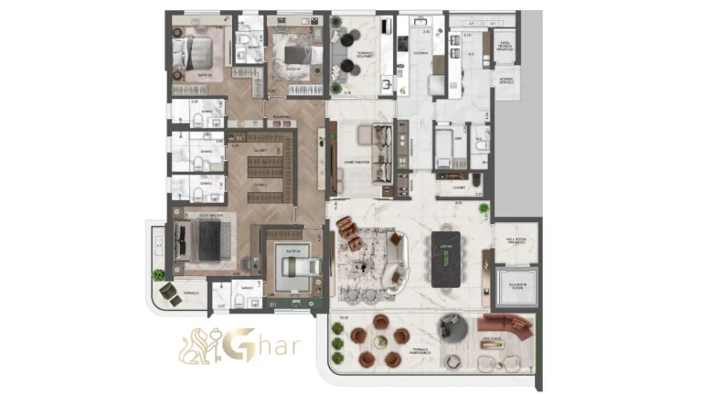 Planta de apartamento 290 m² com 4 suítes no The View Ibirapuera